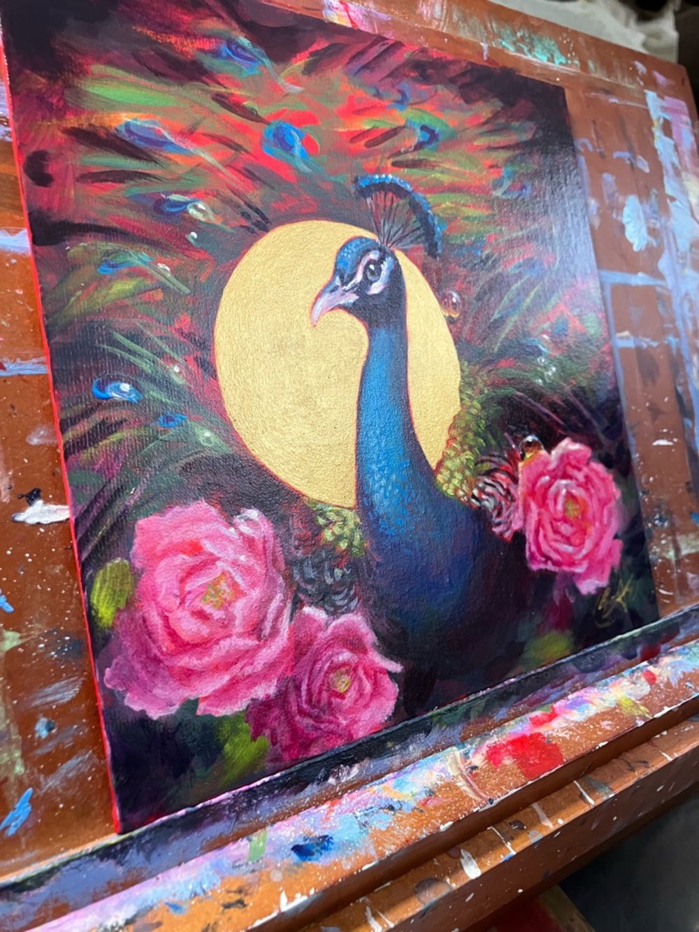 Peacock rose original painting bouquet floral still life surreal Artettina - Picture 5 of 8
